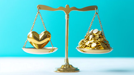 Scales showcase a glaming heart on one side and a mound of shiny coins on the other, symbolizing love and wealth.の素材