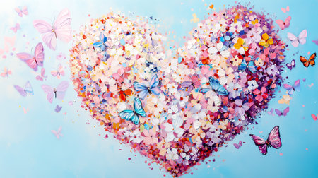 A heart-shaped meadow is alive with colorful wildflowers and playful butterflies on a sunny day in nature.の素材