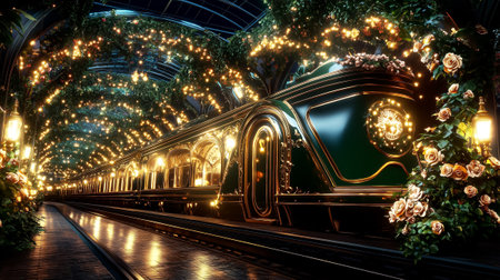 A vintage train station features a decorated train amid roses and sparkling lights in a magical setting.の素材