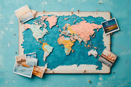 A detailed map of the world is displayed amid various postcards attached to a blue wall, showing casing travel destinations.の素材