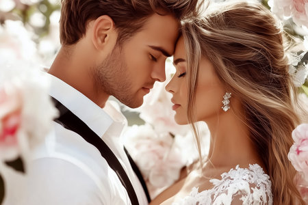A couple touching foreheads, surrounded by flowers, capturing a beautiful and intimate connection.の素材