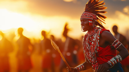 Maasai warriors dance at sunset, celebrating love and heritage in Kenya's vibrant landscape.の素材