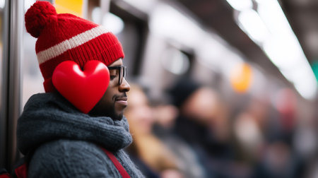 Several subway passengers unintentionally form a heart shape while traveling on a busy city train.の素材