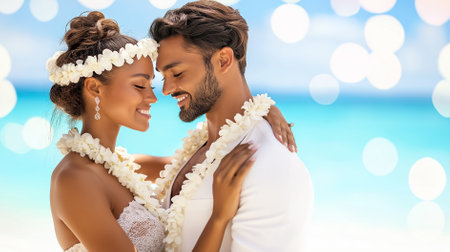 Couple joyfully dances a traditional Polynesian love dance on a beautiful beach under clear blue skies.の素材