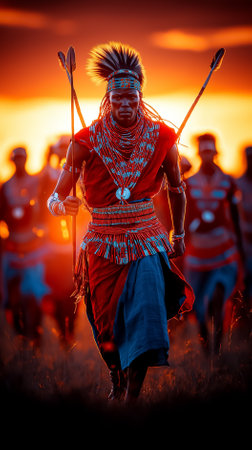 Maasai warriors engage in a vibrant traditional love ritual against a stunning sunset backdrop in Africa.の素材