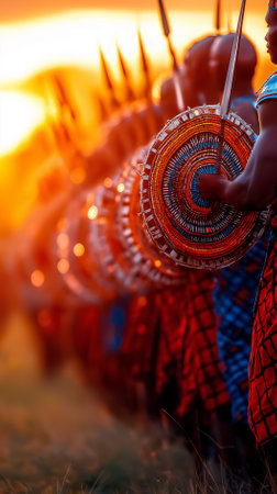 Maasai warriors engage in traditional love rituals against a vibrant sunset backdrop in their ancestral homeland.の素材