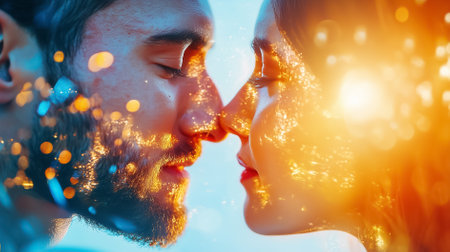 Two lovers connect deeply, their eyes reflecting each other's features in a magical and intimate moment.の素材