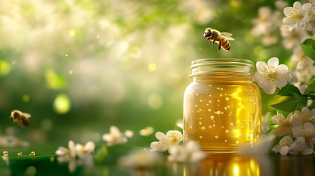 Whimsical bees hover around a glass honey jar surrounded by delicate flowers in a tranquil garden setting.の素材