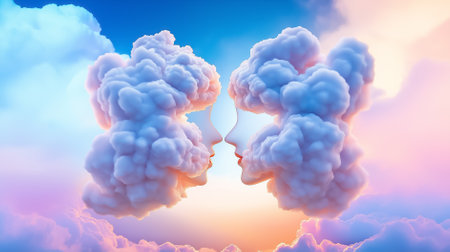 A unique cloud formation appears as two human faces merging in a calm sunset sky, infused with soft pastel colors.の素材