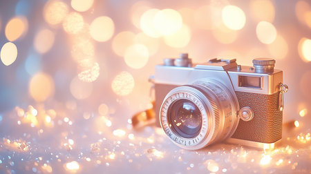 A retro film camera rests on a table surrounded by soft, glowing lights, embodying a sentimental moment.の素材