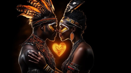 Two dancers in intricate body paint express love through a tribal dance, showcasing cultural heritage and artistry.の素材