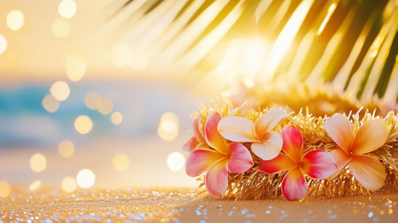 A Hawaiian love ritual features a beautiful lei of vibrant flowers and shimmering lights.の素材