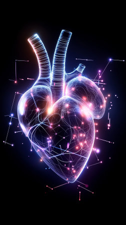 A heart pulse transforms into a vivid landscape, merging technology with nature in a dynamic display of energy.の素材