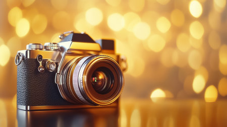 Soft golden bokeh enhances the retro camera as it captures a tender romantic moment during twilight.の素材