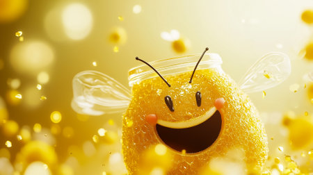 Blissful bees swirl among colorful flowers, playfully surrounding a shining honey jar filled with liquid gold.の素材