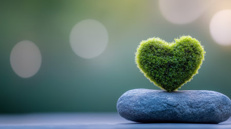 Lush green moss grows in an ideal heart shape on a smooth stone, capturing the beauty of nature's creativity.の素材