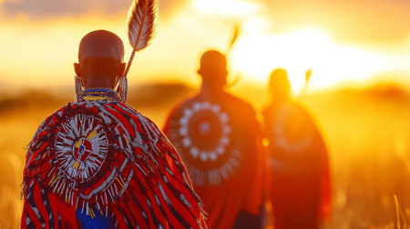 Maasai warriors showcase vibrant culture with love rituals at sunset over the African landscape.の素材