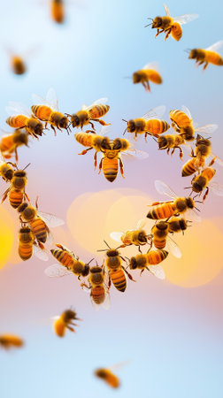 Bees gather and create a beautiful heart silhouette at dusk, showcasing their natural behavior and unity.の素材