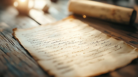 A hand-written love letter rests on aged parchment surrounded by a rustic wooden surface, evoking romance and nostalgia.の素材
