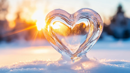 A heart-shaped ice sculpture catches the sunlight, surrounded by untouched snow in a serene Nordic winter setting.の素材