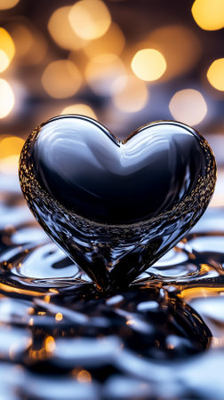 Liquid mercury forms a heart, reflecting warmth and water patterns for an enchanting effect.の素材