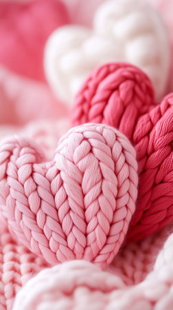 Colorful knitted hearts in various shades of pink and cream create a cozy and inviting atmosphere in a textile setting.の素材