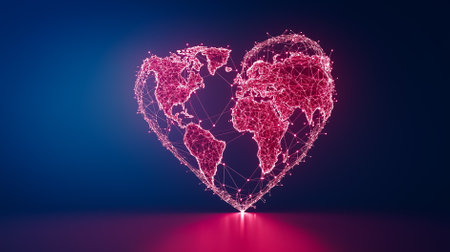Heart-shaped global network visual highlighting international connections and business ties.の素材