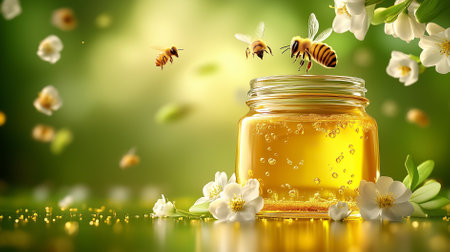 Bees buzz around a sparkling glass jar of honey, accompanied by delicate flowers in a lush green garden.の素材