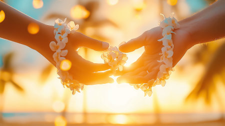 Couple participates in a sacred Hawaiian love ritual, sharing flower leis and celebrating their bond at sunset.の素材