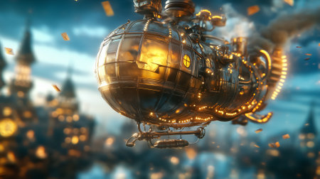 A steampunk airship glides through twilight, releasing love letters into the gentle clouds.の素材
