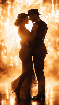 A couple dances closely in a jazz club, surrounded by a warm sepia glow and soft lights, creating an intimate moment.の素材