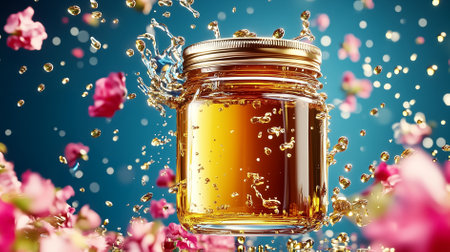 Bright flowers and buzzing bees encircle a sparkling jar of honey, creating a lively, natural vibe.の素材