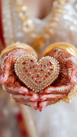 Bridal hands with henna display a heart-shaped gem ornament at a traditional Indian wedding.の素材