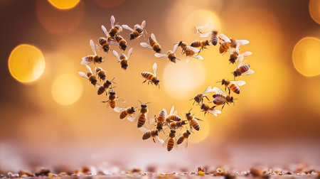 Bees gather and form a beautiful heart shape while illuminated by warm light in a serene garden setting.の素材