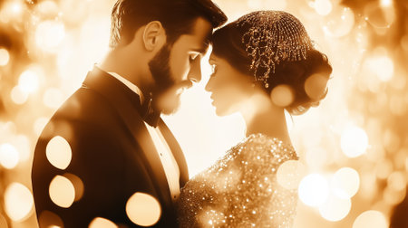 A couple sways gently to jazz music in a warm, sepia-toned club, embodying elegance and romance in a magical atmosphere.の素材