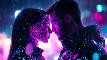 Two lovers share an intimate moment beneath the rain in a vibrant cyberpunk cityscape, illuminated by neon lights.の素材