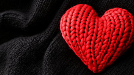 A vibrant red heart knitted from wool rests elegantly on a dark fabric, highlighting skill and artistic detail.の素材