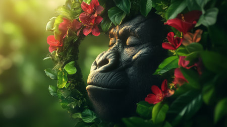 Gorilla relaxes in a heart-shaped clearing of colorful flowers and green leaves in the Amazon.の素材
