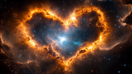 A heart-shaped nebula radiates vibrant colors in deep space, capturing the essence of love and cosmic beauty.の素材
