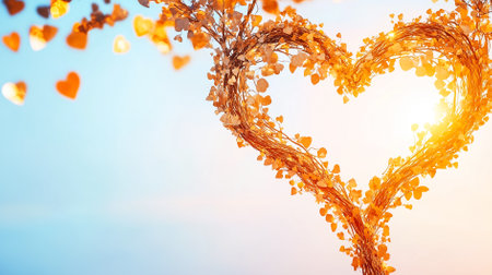 Branches of two trees twist together, forming a heart shape with vibrant leaves in a stunning twilight setting.の素材