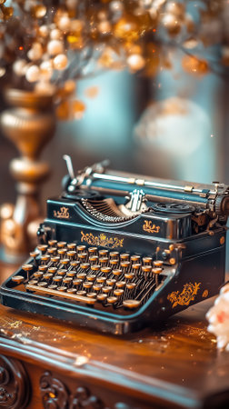 An antique typewriter sits on a vintage table, showcasing a half-written love poem, evoking creativity and nostalgia.の素材