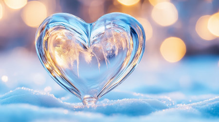 An ice sculpture shaped like a heart rests on the snow, shining amidst soft winter light in a Nordic landscape.の素材
