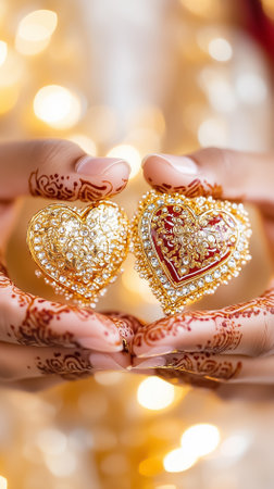 The bride and groom showcase ornate golden heart bangles in vibrant traditional attire among festive decor.の素材