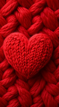 A detailed heart design made from soft red wool, highlighting the artistry of knitted textiles and creative expression.の素材