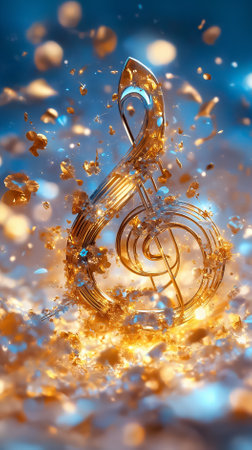 Musical notes swirl and shimmer, creating a romantic atmosphere filled with golden sparkles in a whimsical setting.の素材