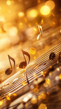 Musical notes drift softly through golden light, creating a romantic ambiance in a dreamy and artistic setting.の素材