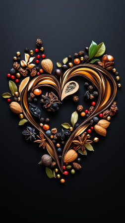 Spices and herbs are arranged in a heart shape, showing the beauty of cooking and love for ingredients.の素材