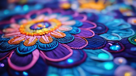 Crafting a vivid flower pattern through traditional embroidery techniques using colorful threads and embellishments.の素材