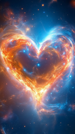 A supernova explosion takes a heart shape, displaying vibrant colors against the dark of space.の素材