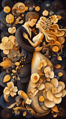 A couple embraces amidst intricate gold floral designs, capturing love and beauty in a tender moment.の素材